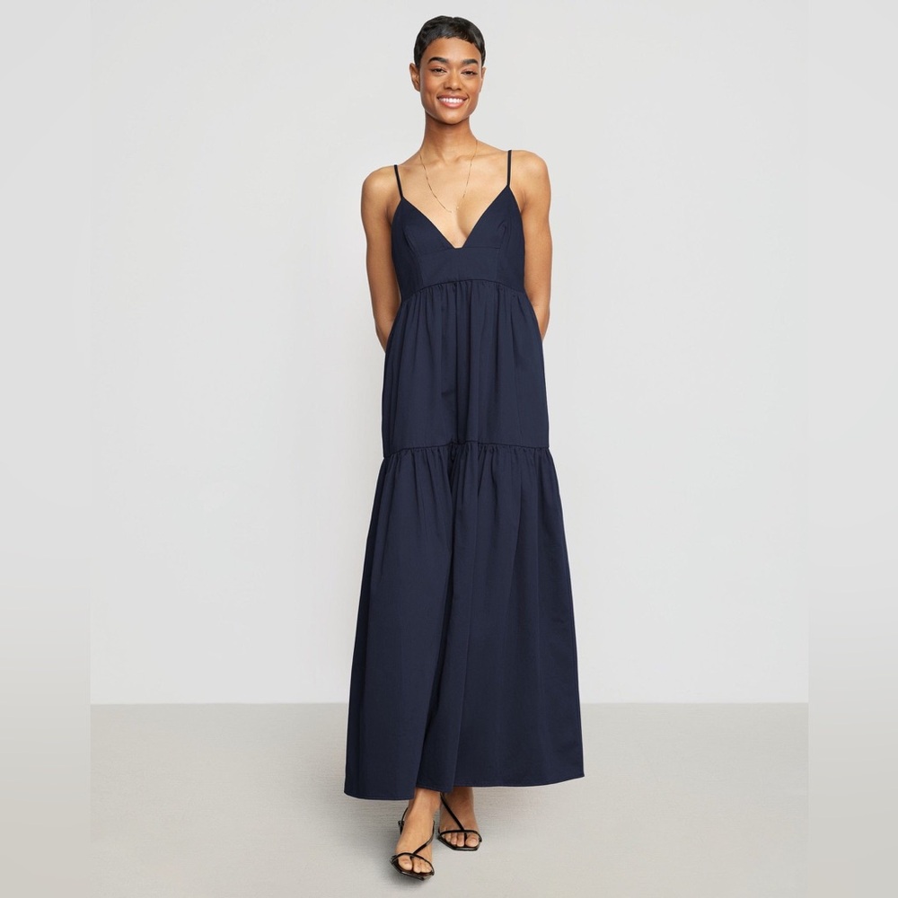 Orchid Sweetheart-Neck Tiered Cotton Maxi Dress Navy Blue